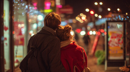 Obraz premium A couple embracing on a city street at night with blurred lights in the background