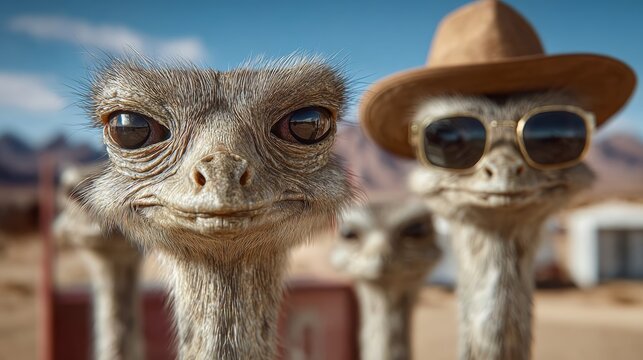 Group of ostriches wearing sunglasses and hats are posing for a picture. The ostriches are all smiling and seem to be enjoying themselves. The scene is lighthearted and fun - Powered by Adobe