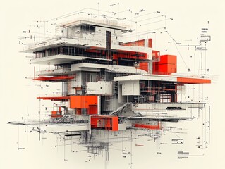 Fototapeta premium Modern Architectural Building Design with Geometric Structure and Red Accents