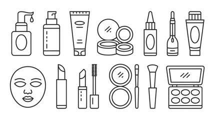 Collection of cosmetic products and makeup tools in outline style cosmetics beauty