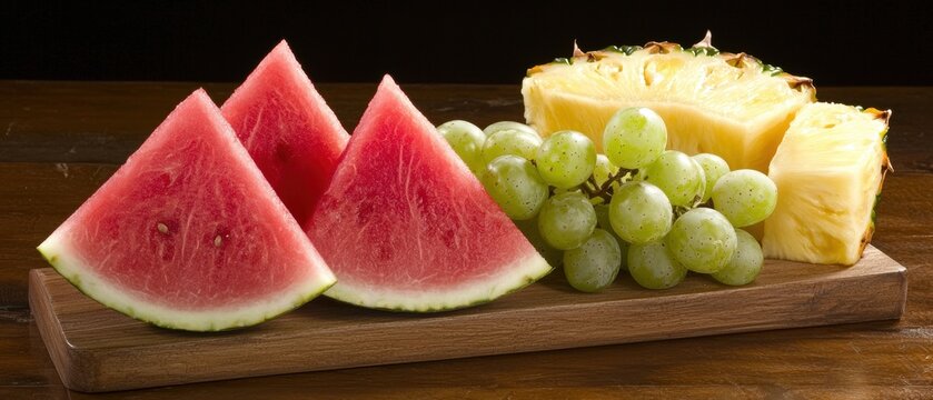 A wooden cutting board with watermelon, grapes, and pineapple on it. - Powered by Adobe
