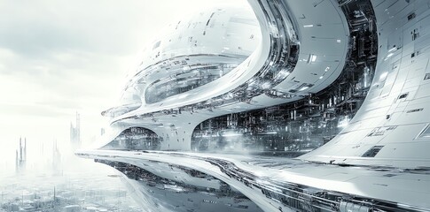 Futuristic Modern Spaceport Building with Sleek Curved Architecture in Bright Environment