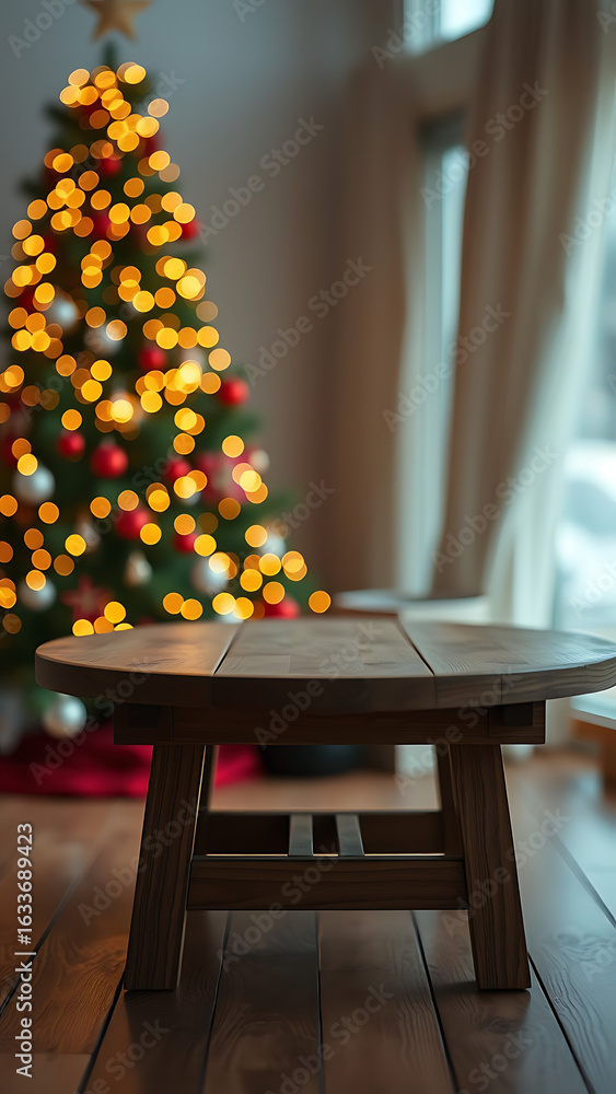 Poster empty wooden table and christmas tree with bokeh on background