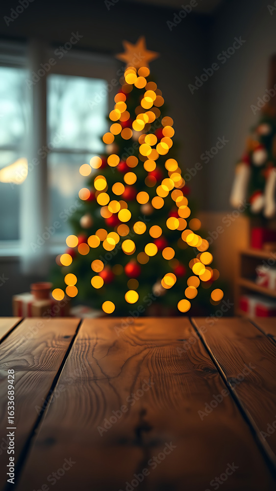 Poster empty wooden table and christmas tree with bokeh on background