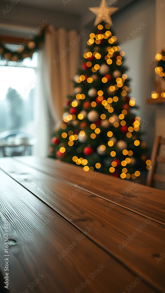 Poster empty wooden table and christmas tree with bokeh on background