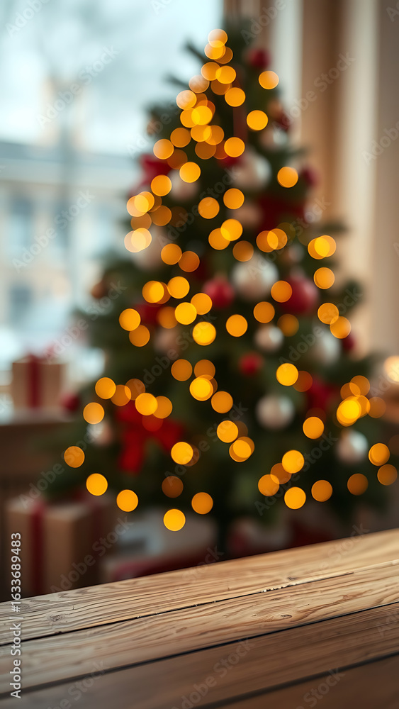 Poster empty wooden table and christmas tree with bokeh on background