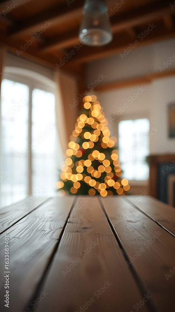 Poster empty wooden table and christmas tree with bokeh on background