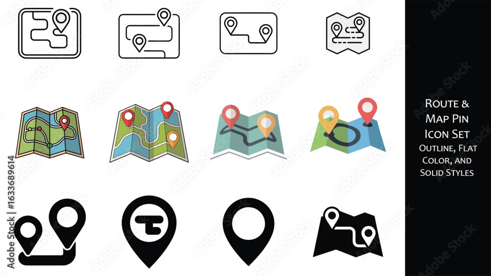 Aufkleber collection of map and route pin icons in outline flat and solid styles location navigation