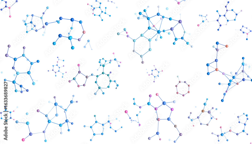 Aufkleber abstract molecular structures on a black backdrop, representing scientific data and research concept