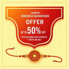 Fototapeta premium Raksha bandhan offer up to 50 off with an ornate rakhi, celebrating the festival and promoting a sale