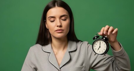 Tired woman holding alarm clock green studio background - Powered by Adobe