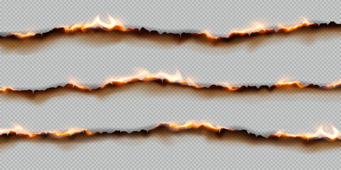 Realistic burning paper effect with flames and scorched edges on transparent background. Bright orange and black colors create dynamic and dramatic visual impact.