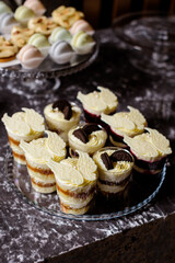 A beautifully arranged dessert table features a tray of elegant layered desserts garnished with white chocolate wings and a variety of other sweet treats in the background.