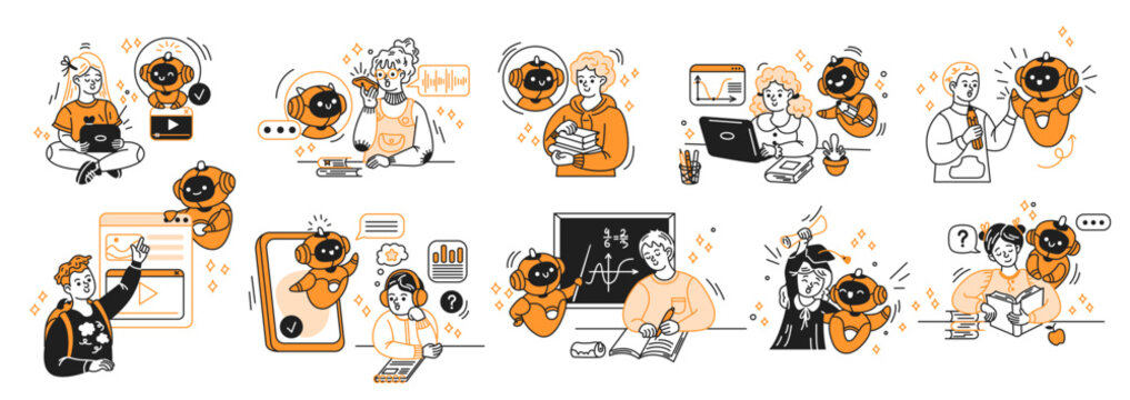 Illustration of playful characters and artificial intelligence in educational settings with vibrant orange accents. Each scene depicts learning, collaboration, and technology in a creative style.
