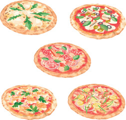 Collection of vector pizzas: Parmesan Arugula Pizza, Napolitana Pizza, Meat Lovers  Pizza, BBQ Chicken Pizza, Bacon Cheeseburger Pizza