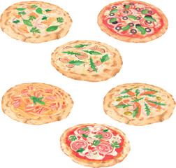 Collection of vector pizzas: White Chicken, Vegetarian, Tartufo, Prosciutto Funghi, Spaghetti Carbonara, and Smoked Salmon Arugula. Clean, detailed, with side view
