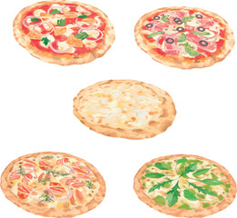 Collection of vector pizzas: Buffalo Chicken Pizza, Capricciosa Pizza, Bianca Pizza, White Pizza with Bacon, Bella Verde Pizza