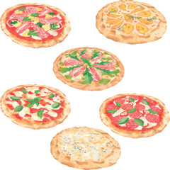 Collection of vector pizzas: Hawaiian Pizza, Gorgonzola Pizza, Genovese Pizza with Ham, Margherita Pizza, Diavola Pizza, Four Cheese Pizza, with side view