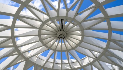 Futuristic white architectural dome with a geometric radial pattern seen from below against a clear blue sky