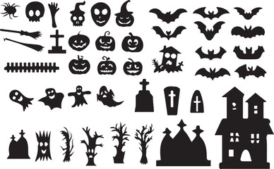 Set of silhouettes of Halloween on a white background. Vector illustration