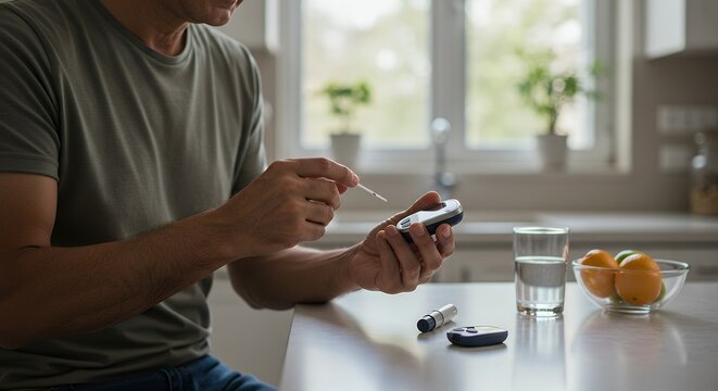 Mature man testing blood sugar with a glucometer at home. Diabetes self-management and daily health monitoring in a domestic setting.