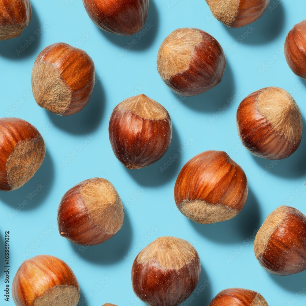 Poster a close-up of many hazelnuts displayed over a bright blue surface. the hazelnuts are perfectly place
