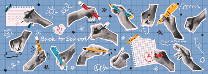 Plakat Diverse hands hold colorful pens and pencils in retro collage style. Blue grid background with doodles enhances back to school theme, ideal for education themes.