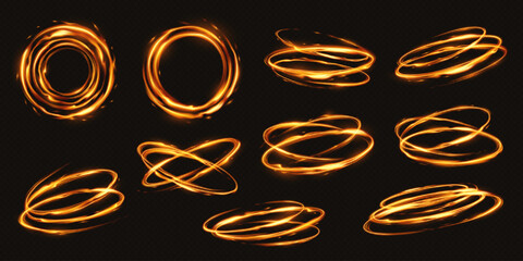 Collection of bright swirling light effects in warm orange hues. Glowing swirls create dynamic and energetic designs against a dark transparent backdrop.