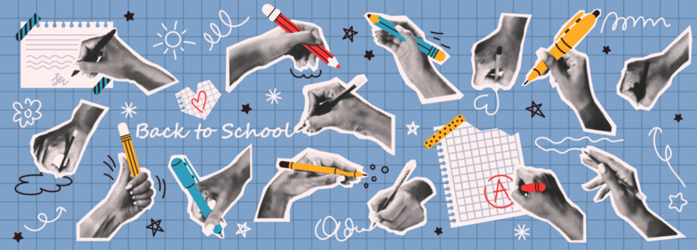 Diverse hands hold colorful pens and pencils in retro collage style. Blue grid background with doodles enhances back to school theme, ideal for education themes.