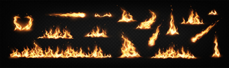 Collection of blazing fire elements in realistic style with orange and yellow tones on transparent background. Ideal for digital art and design projects.