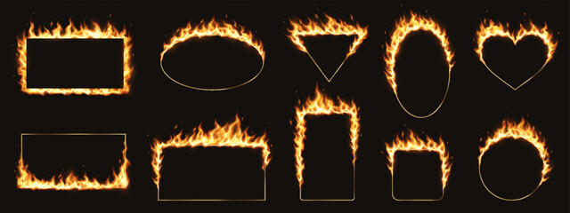 Digital illustration of geometric shapes surrounded by flames. Fiery frames create a dynamic and intense visual effect. Perfect for dramatic design contexts.