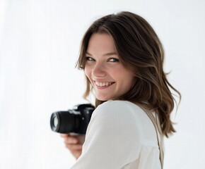 Fototapeta premium Professional Photographer Midshot Holding Camera Over Shoulder, Warm Smile Side Angle Against White Studio Background, Polished Portrait