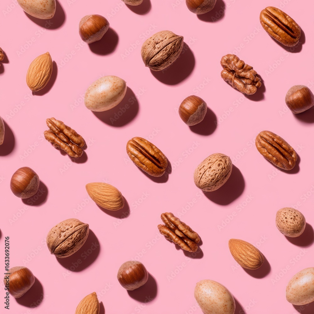 Aufkleber nuts arranged in a random pattern on a pink background
