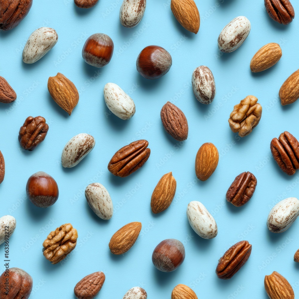 Aufkleber a collection of various nuts on a light blue surface, creating a visually appealing composition