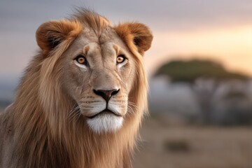 Obraz premium Majestic lion in natural habitat at sunset with intense gaze