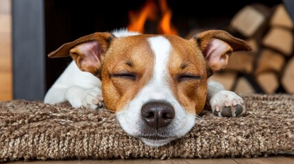 A dog sleeping on a brown rug in front of a fireplace.
