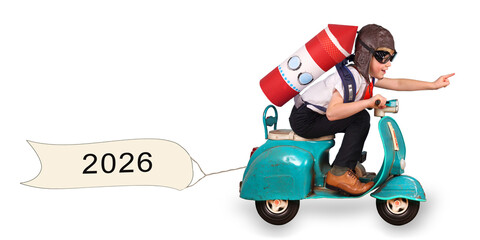 starting new year 20206 Young Boy in a Business Suit with a DIY Rocket Backpack is Riding a scooter