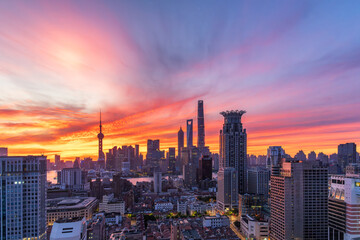 Fototapeta premium Panoramic Aerial View of Shanghai Cityscape at Twilight