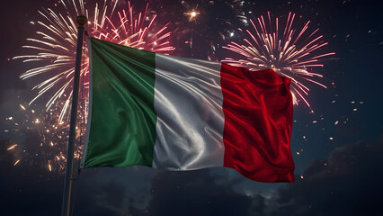 Italian Flag with Fireworks at Night - Patriotic Celebration Background - Cinematic 8K Render of Waving Banner on Festive Sky
