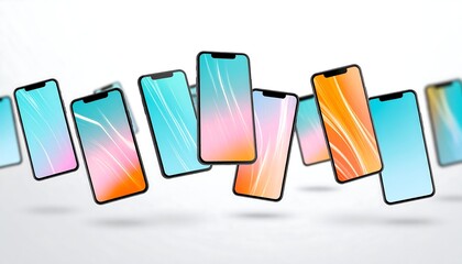 Concept of modern mobile technology and communication, with a collection of new smartphones floating in the air.