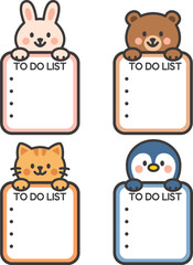 Cute animal-themed to-do list designs for planners and printable use. Includes bunny, bear, cat, and penguin styles. Provided in transparent PNGs and vector formats for easy editing.