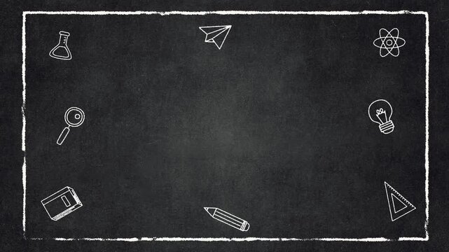 back to school calk border frame and stationary elements on blackboard animation, education and science social media motion background	