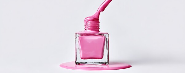 Nail polish bottle with pink liquid pouring out, isolated on a white background.