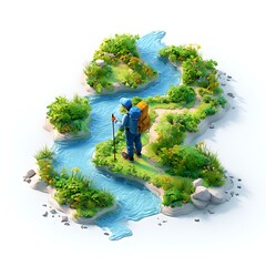3D isometric icon illustration of a hiker with a backpack and walking stick standing on the top of a mountain in a forest,