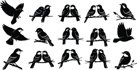 Bird silhouette set, flying birds, perched birds, black vector icons, avian interaction, nature design, wildlife, feathers, wings, beaks, tails