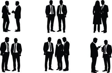 Business people silhouettes, professional interaction, corporate attire, teamwork, communication, body language, office posture, colleagues, black shapes, standing figures, gesture