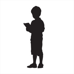 Silhouette of a Boy Reading a Brochure While Standing - Vector Illustration