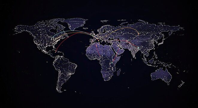 Dark World Map Showing Global Network Connections