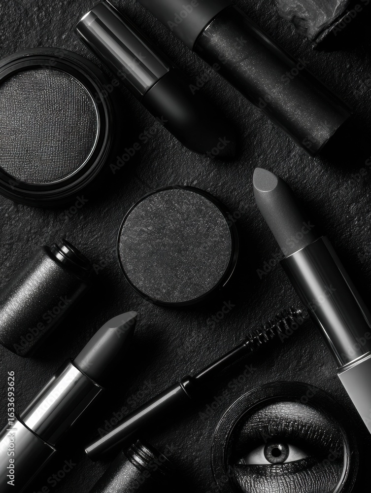 Poster monochrome editorial layout showcasing eye and lip products with a minimalist black theme and ample 