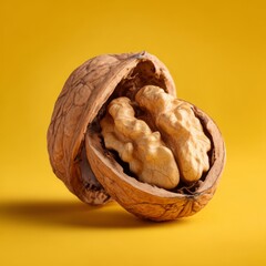 A Close-Up Shot of a Cracked Walnut, Showing Its Nutmeat Against a Yellow Background